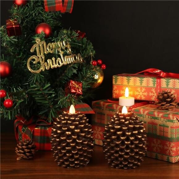 Flameless Candles with Timer, Battery Operated Flickering Wick Real Wax Pine - Picture 4 of 7